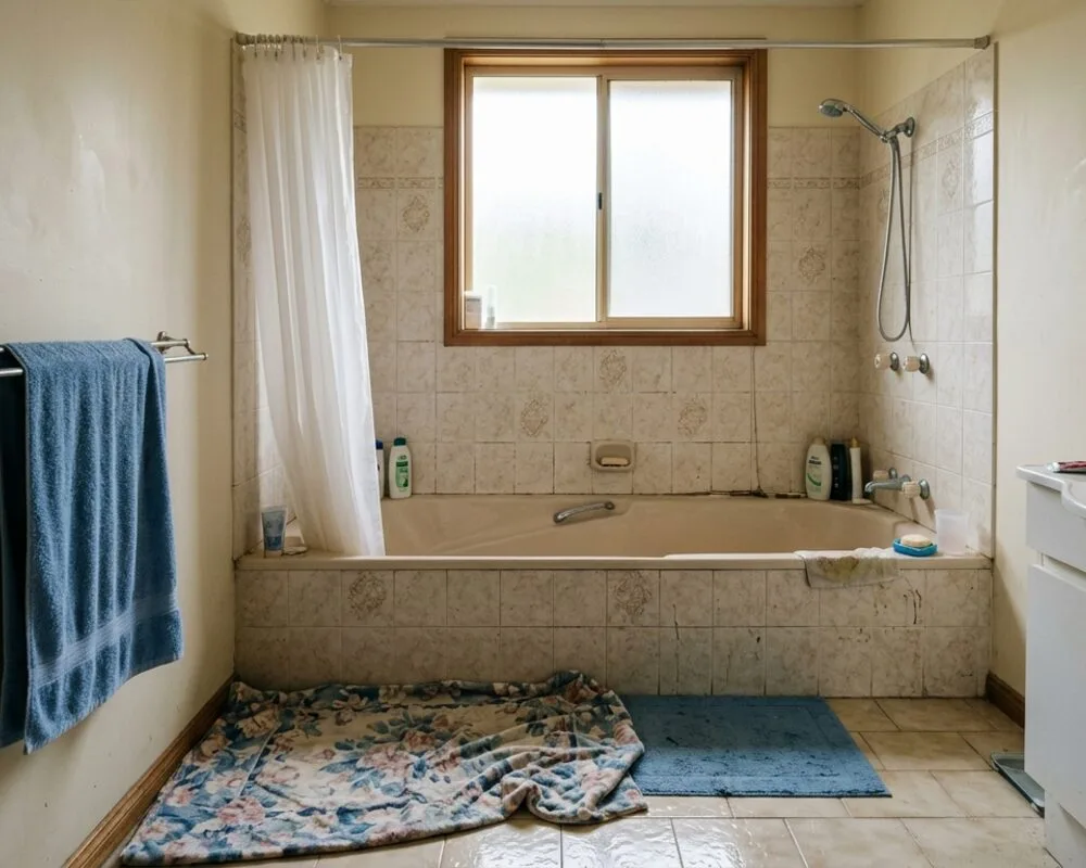 Dated bathroom with a high tub wall, loose throw rugs on glossy tile and a flimsy towel bar next to the tub