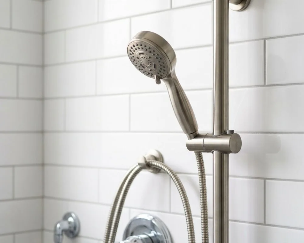 Handheld showerhead docked on a vertical slide bar against white subway tile