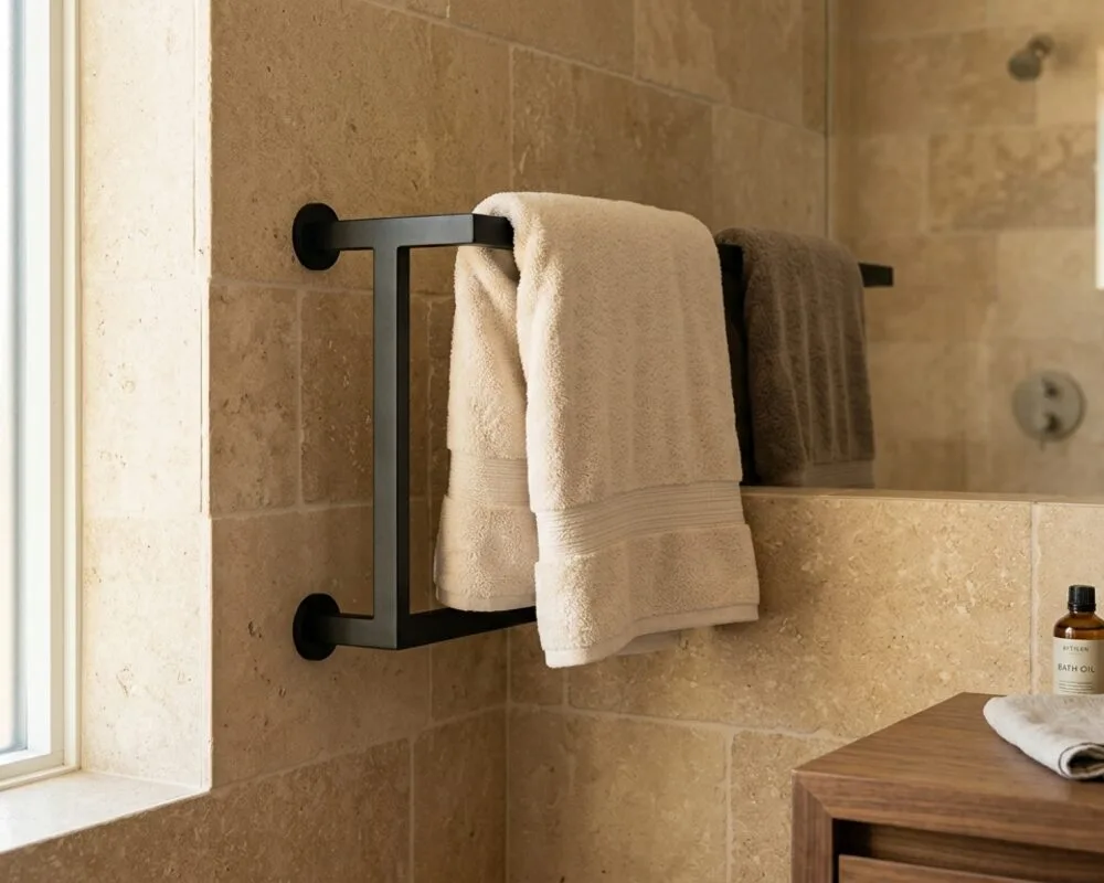Matte black grab bar doubling as a towel rail in an upscale beige stone bathroom