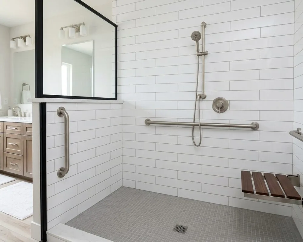 Walk-in shower with grab bars placed at the entry, along the side wall and beside a fold-down teak seat