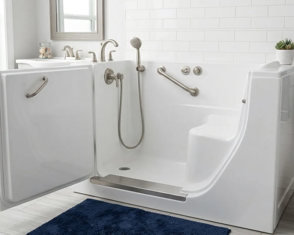 Walk-in bathtub with its door open, showing the low step-in threshold, molded built-in seat, grab bar and handheld sprayer