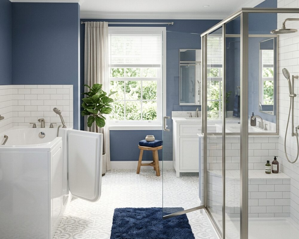 Bright navy and white bathroom with a walk-in tub on the left and a glass walk-in shower with a built-in bench on the right