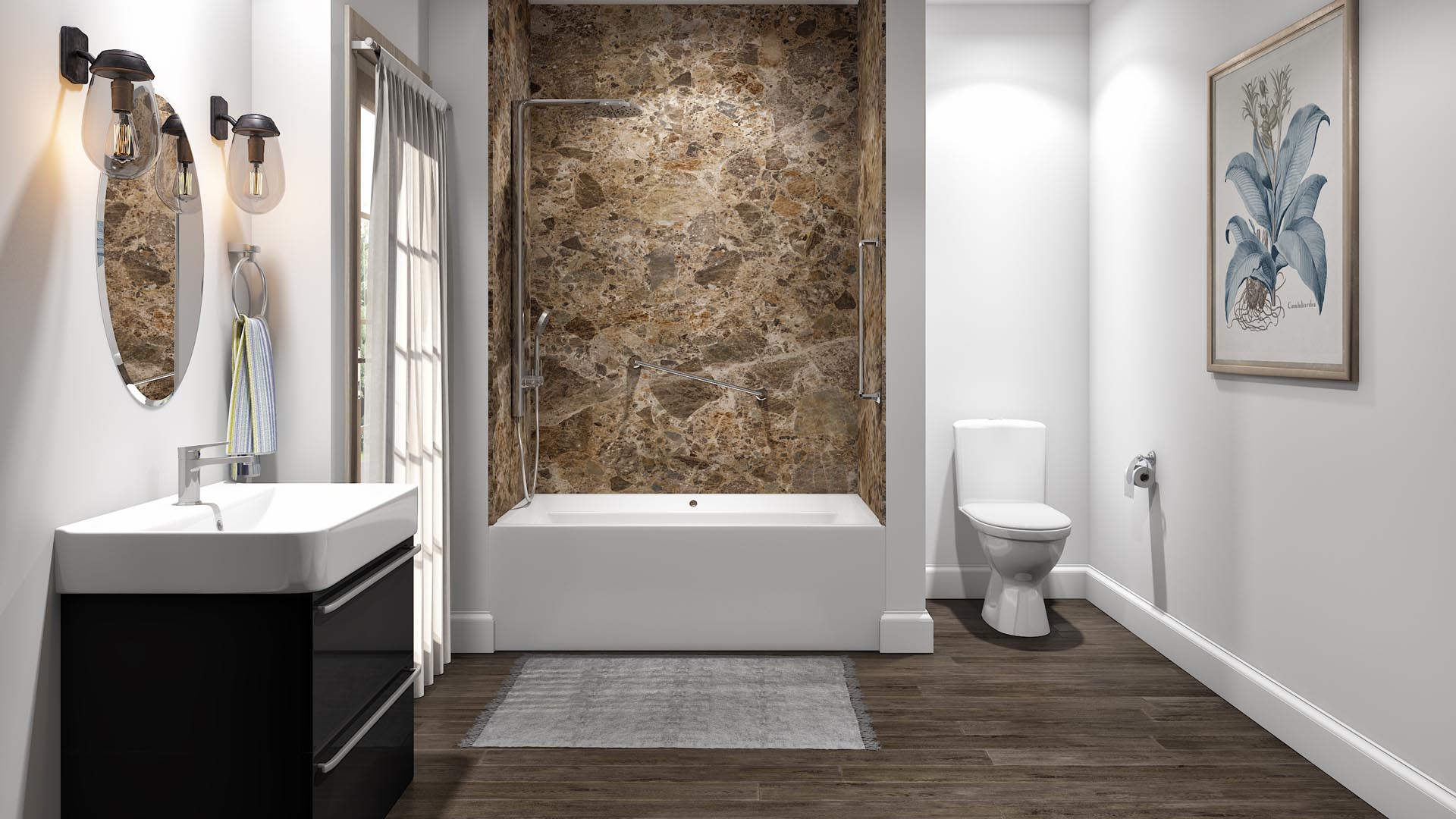 Modern white bathtub with tile-look surround installed by Just Bath, Pittsburgh