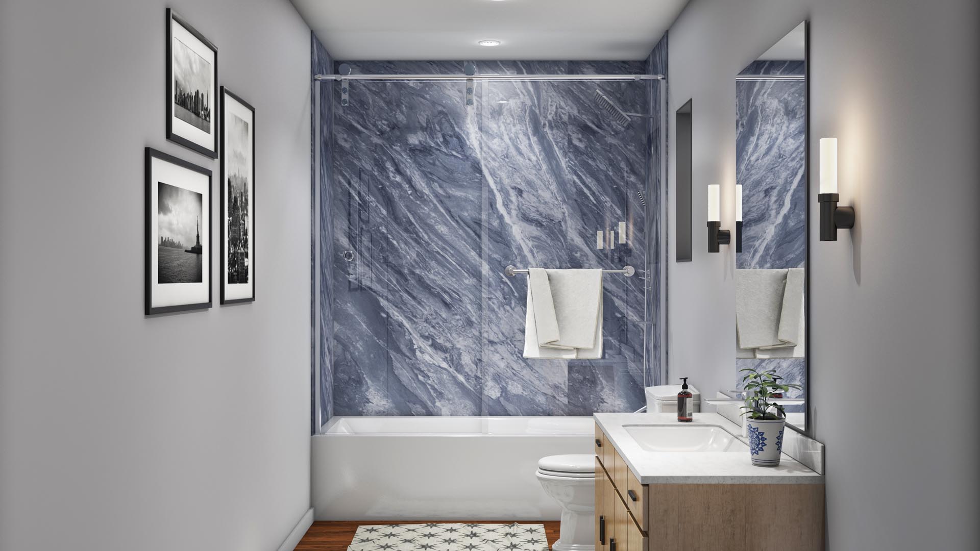 Replacement acrylic bathtub in a renovated suburban Pittsburgh bathroom