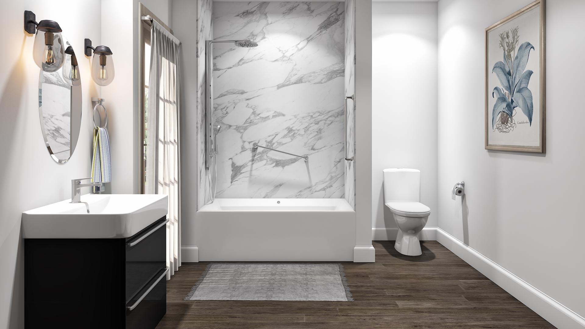 Clean white acrylic bathtub conversion next to a glass shower partition
