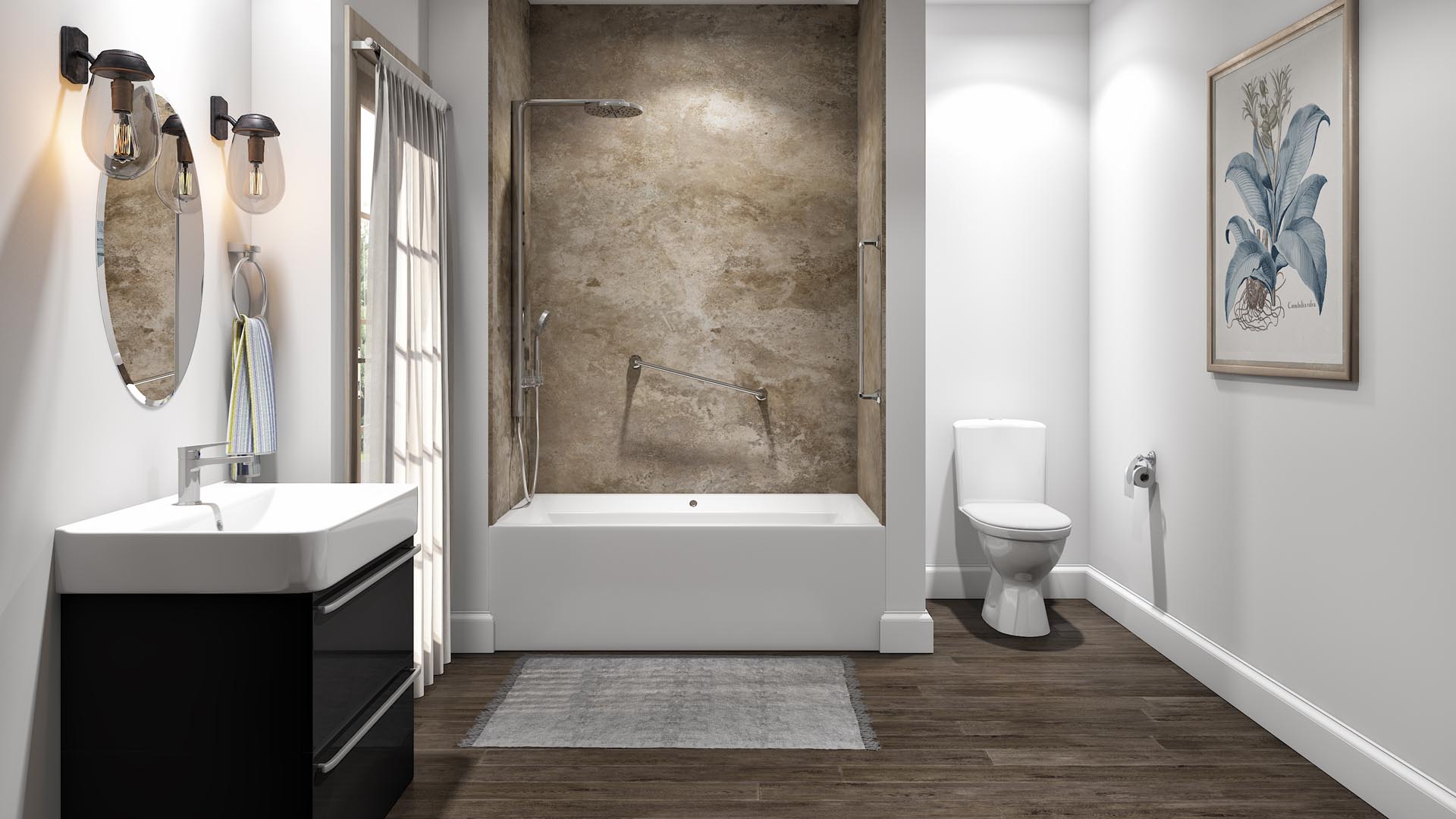 Just Bath replacement bathtub with built-in shelving in a Pittsburgh-area home