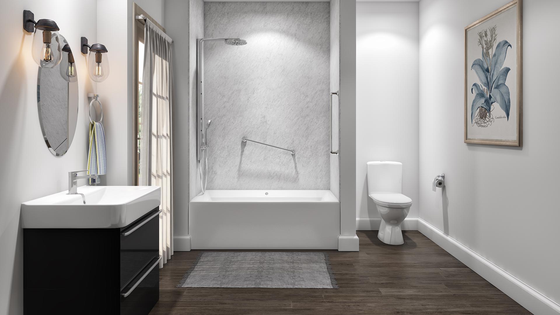 Spacious bathroom featuring a Just Bath acrylic bathtub conversion
