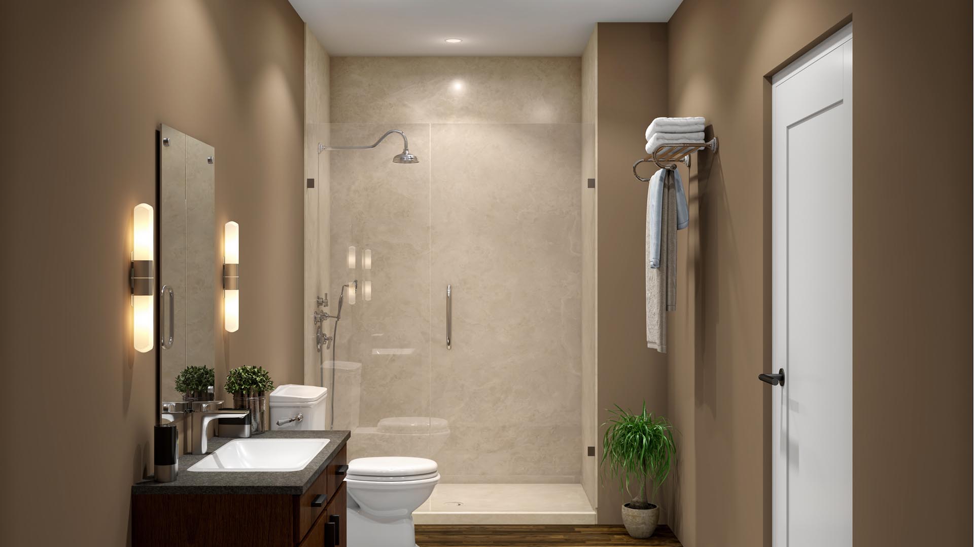 Stone-look acrylic shower walls with built-in shelf, Pittsburgh install