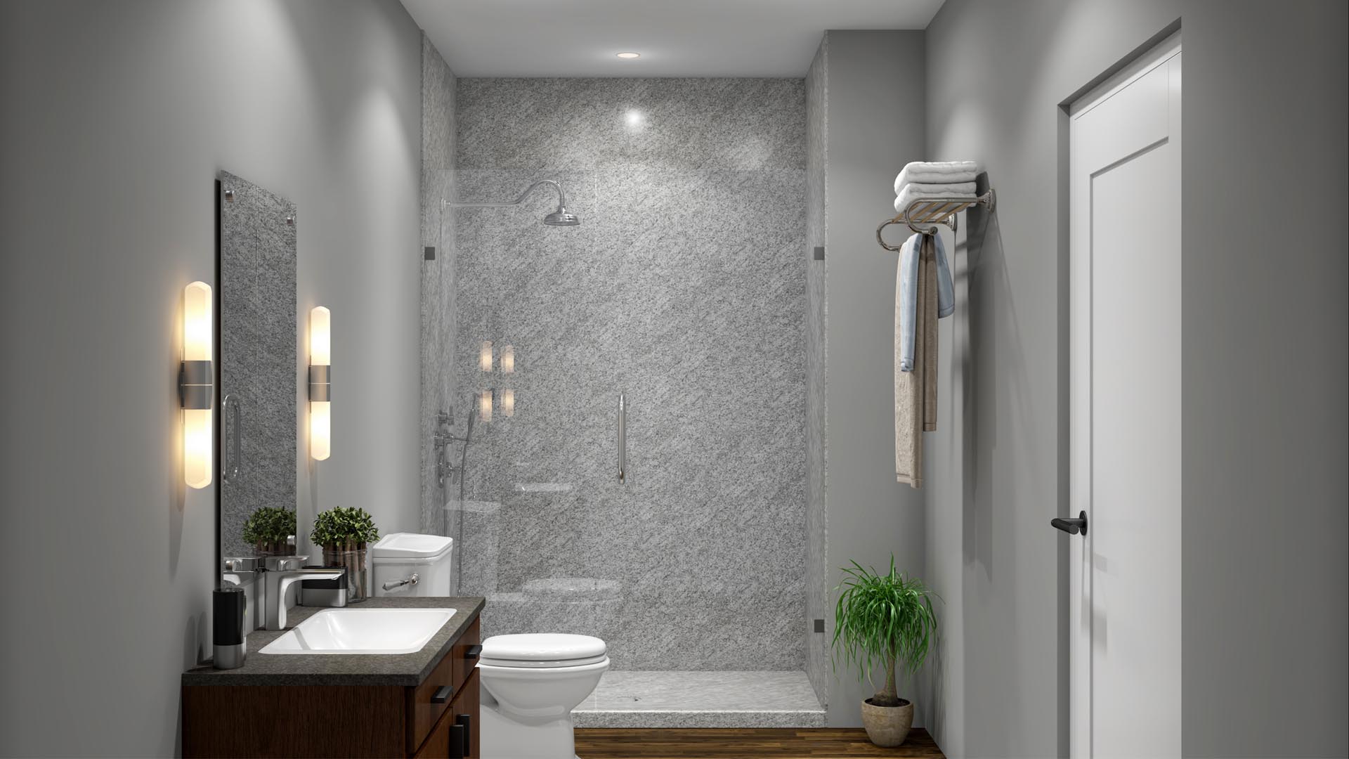 Walk-in acrylic shower with linear floor finished by Just Bath
