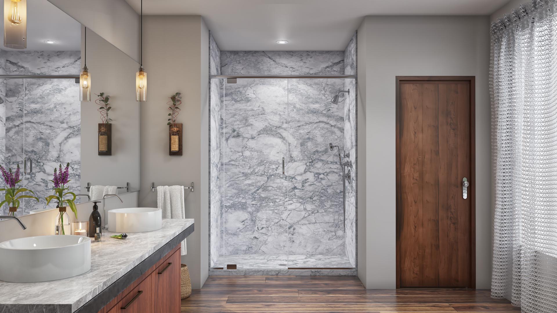 Modern white acrylic shower with chrome shower head, Just Bath Pittsburgh