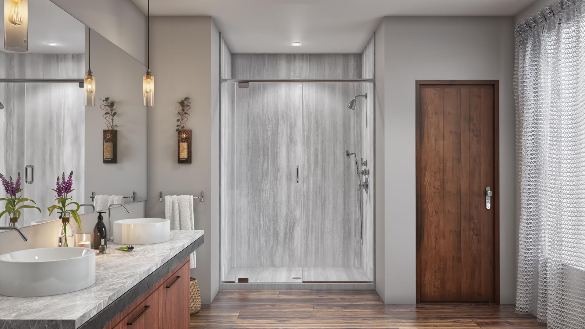 Glass-paneled walk-in shower with built-in shelving by Just Bath