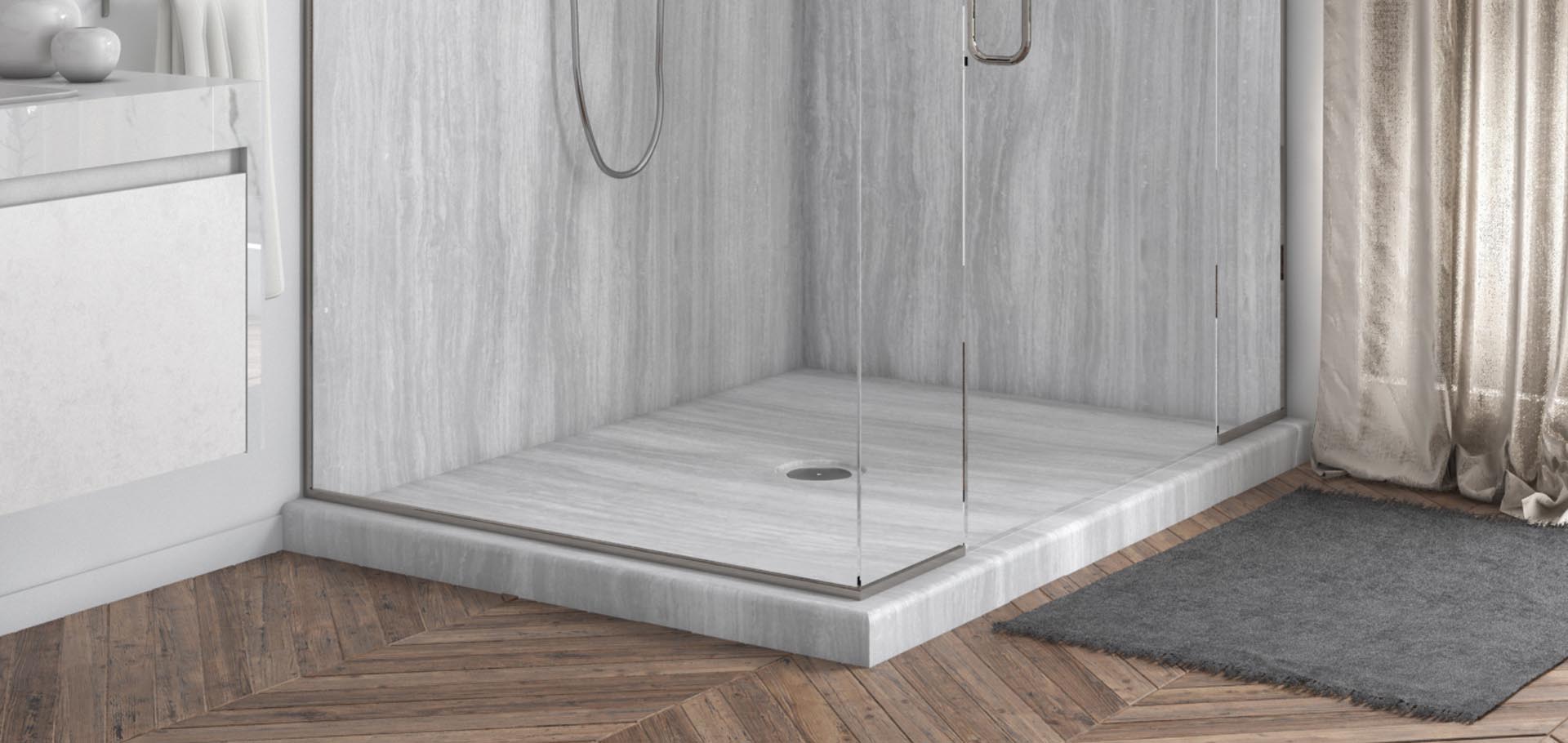 Bright white walk-in shower with chrome fixtures, Pittsburgh remodel