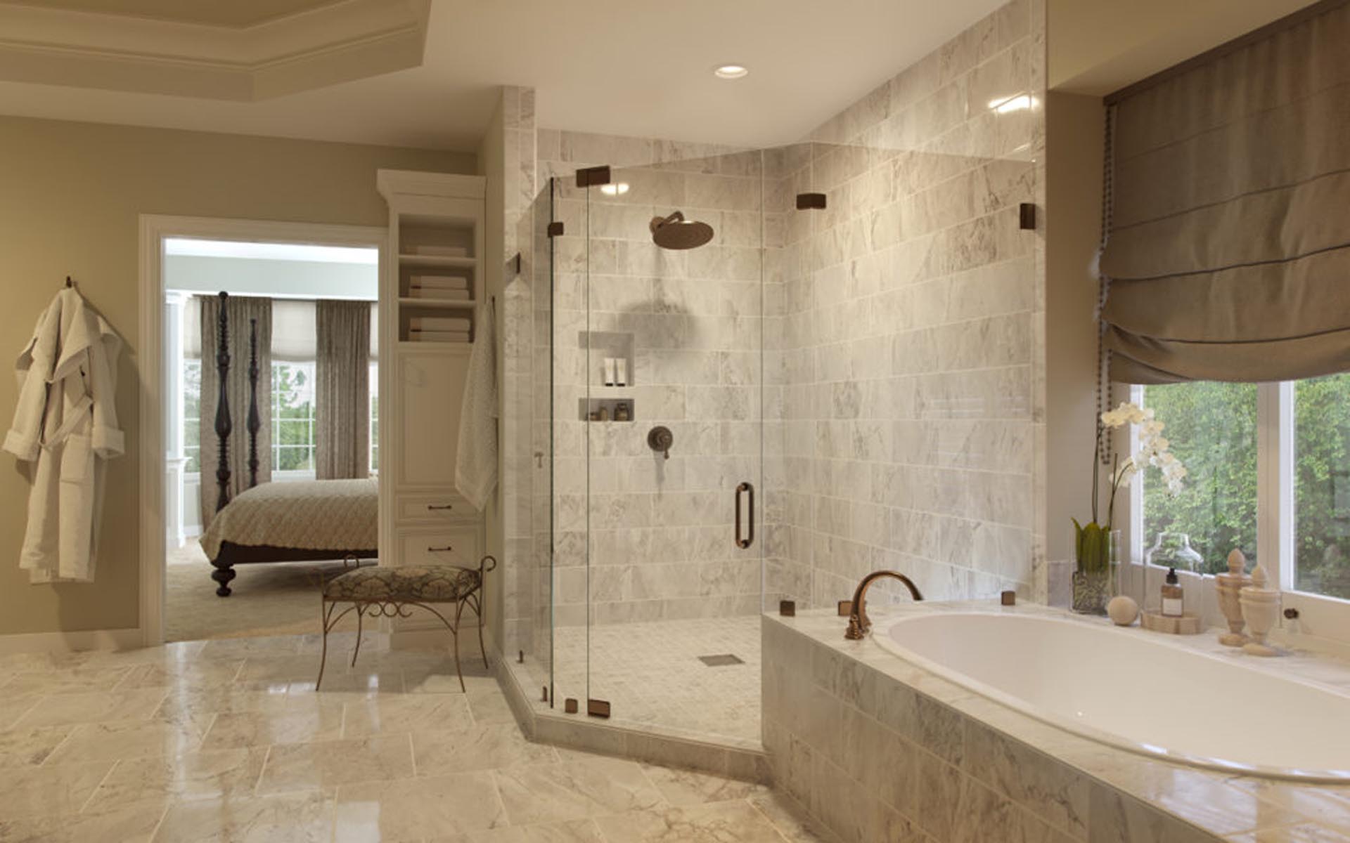 Frameless glass shower door with chrome hinges, Pittsburgh remodel
