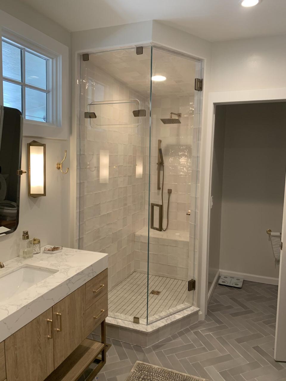 Hinged frameless glass shower door with knob handle, Just Bath