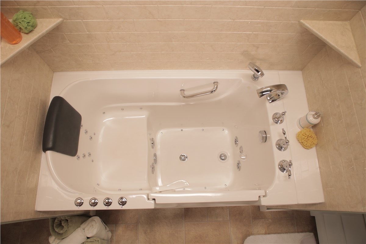 Walk-in tub with grab bars and low step-in threshold, Just Bath