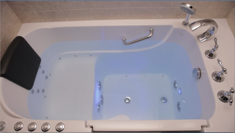 A walk-in bathtub is part of an accessible bathroom conversion project.