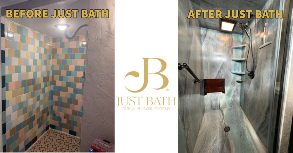 A before and after project photo of the installation of Just Bath acrylic shower bases. 