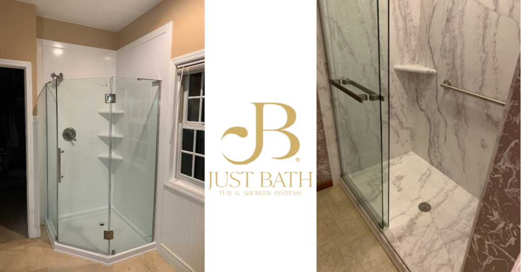 Two showers from Just Bath installers. The first is a small standup corner shower and the second is a tub-to-shower conversion. 