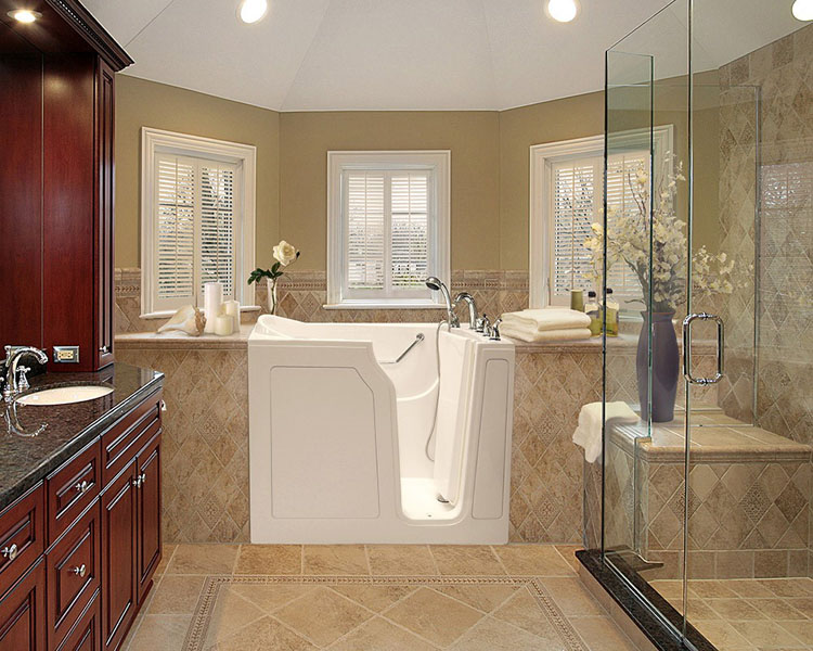 A luxury bathroom with a separate walk-in shower and walk-in tub. 